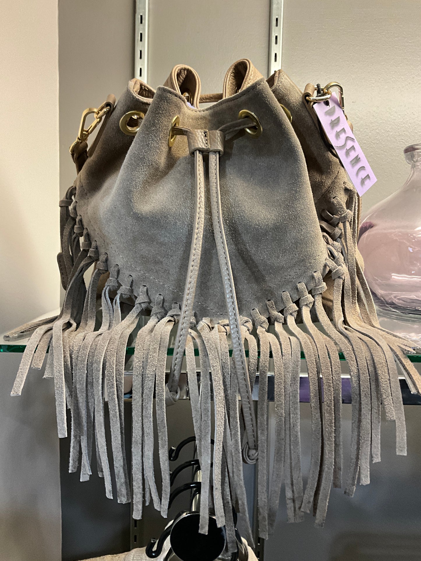 SUEDE AND LEATHER FRINGE HANDBAG