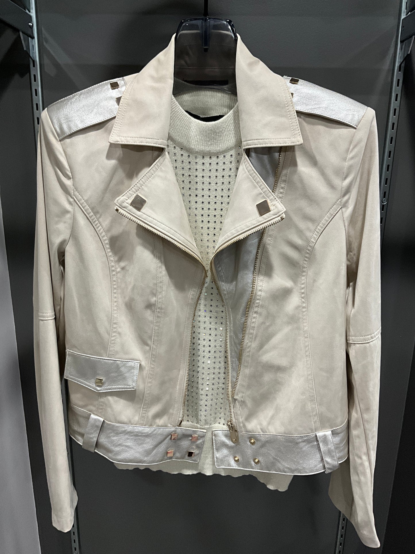 BEIGE AND METALLIC MOTO JACKET
