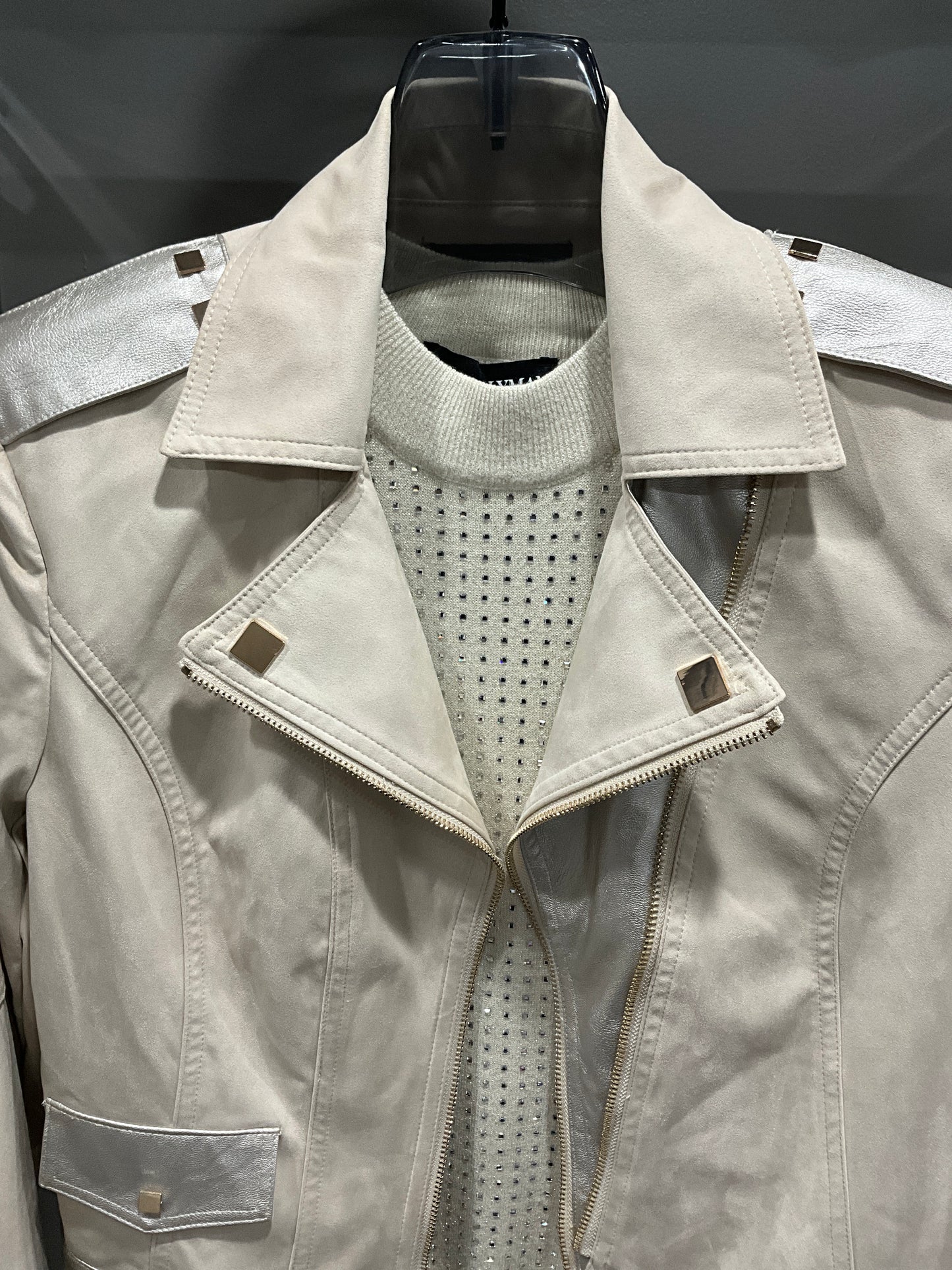 BEIGE AND METALLIC MOTO JACKET