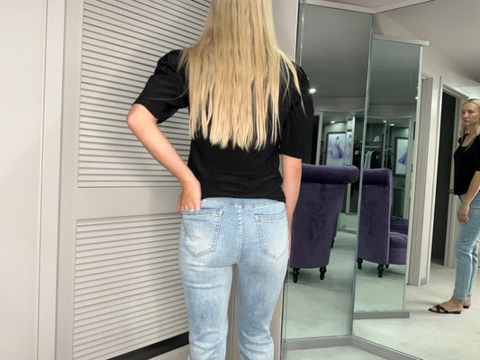 CRYSTAL AND DISTRESSED DENIM JEAN