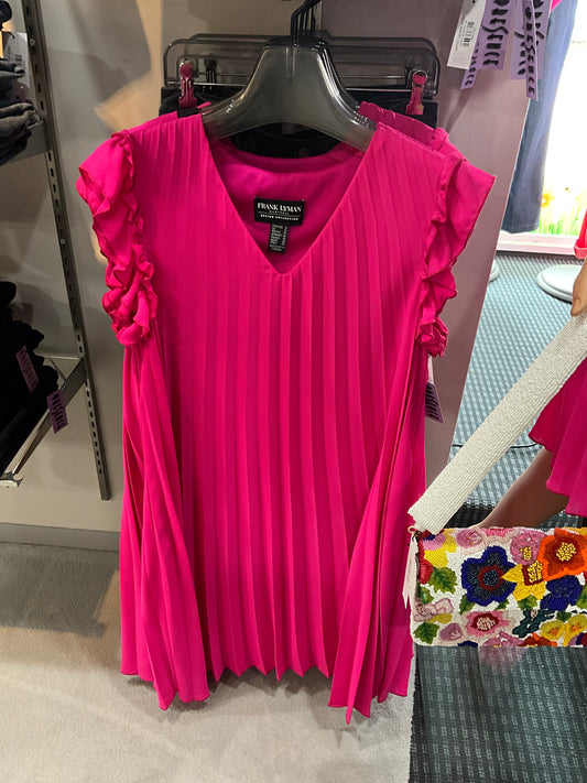 RUFFLE SLEEVE PLEATED MAGENTA DRESS