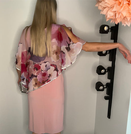 BLUSH FLORAL CRYSTAL SLEEVE DRESS