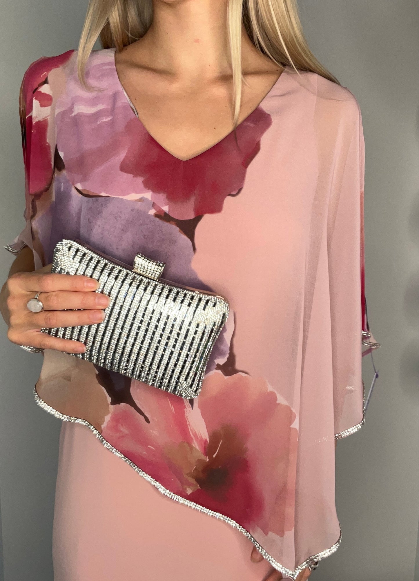 BLUSH FLORAL CRYSTAL SLEEVE DRESS