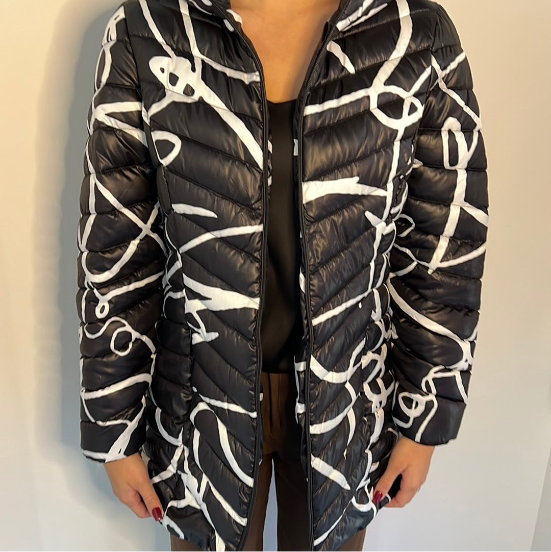SCRIBBLE PUFFER COAT WITH CRYSTAL ZIPPER