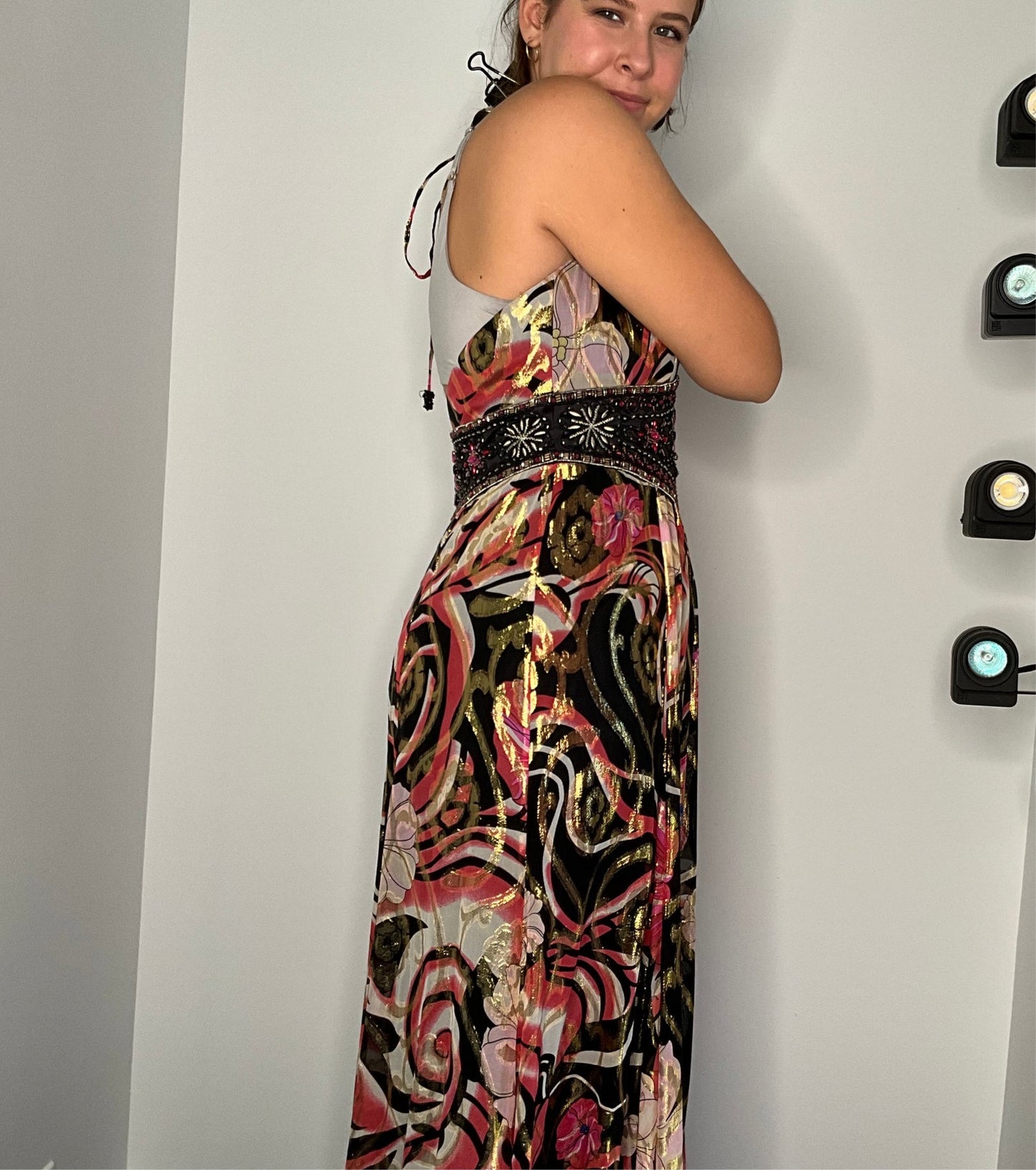 METALLIC BEADED MAXI GOWN