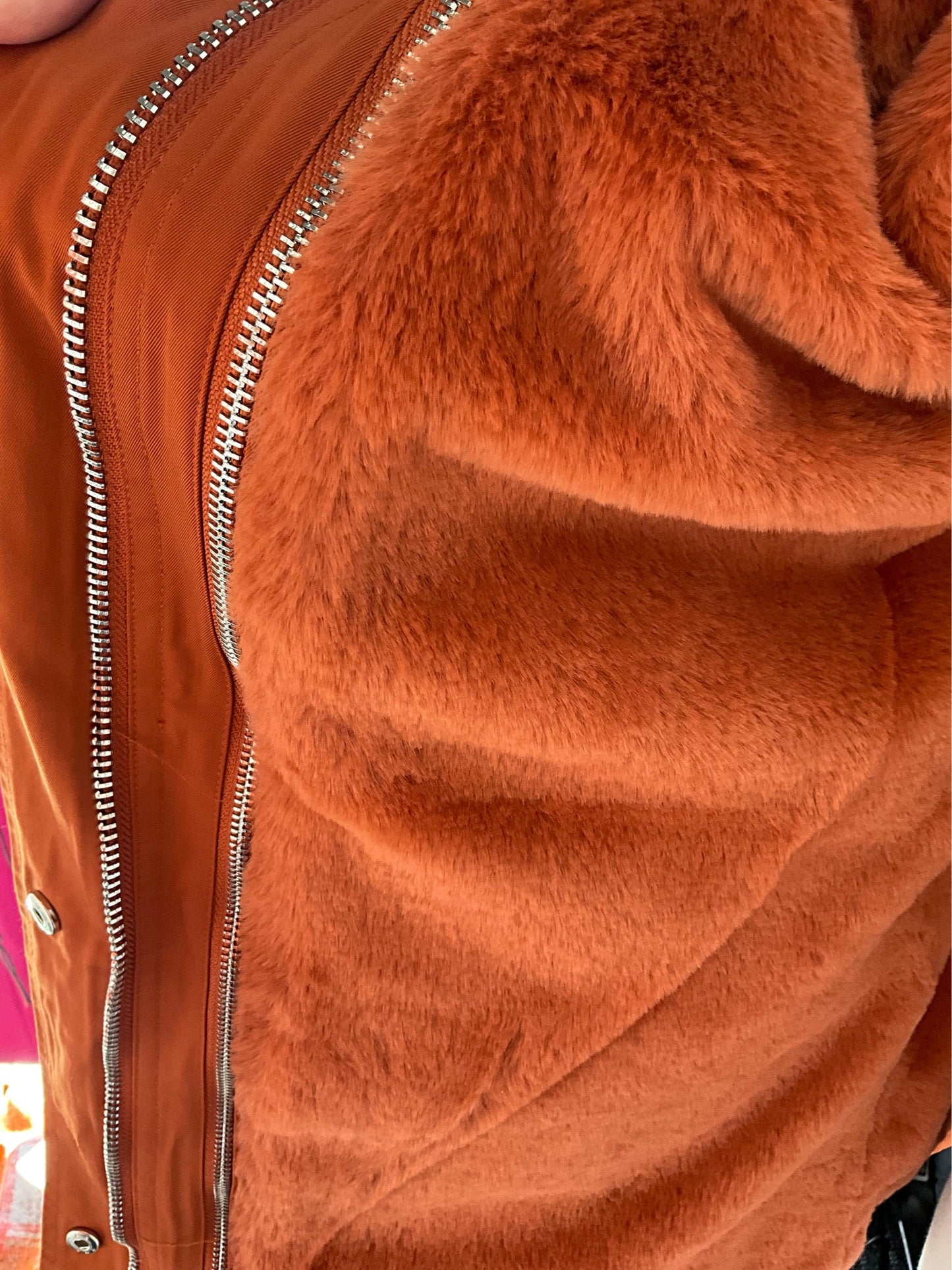 RUST HOODED FAUX FUR LINED COAT