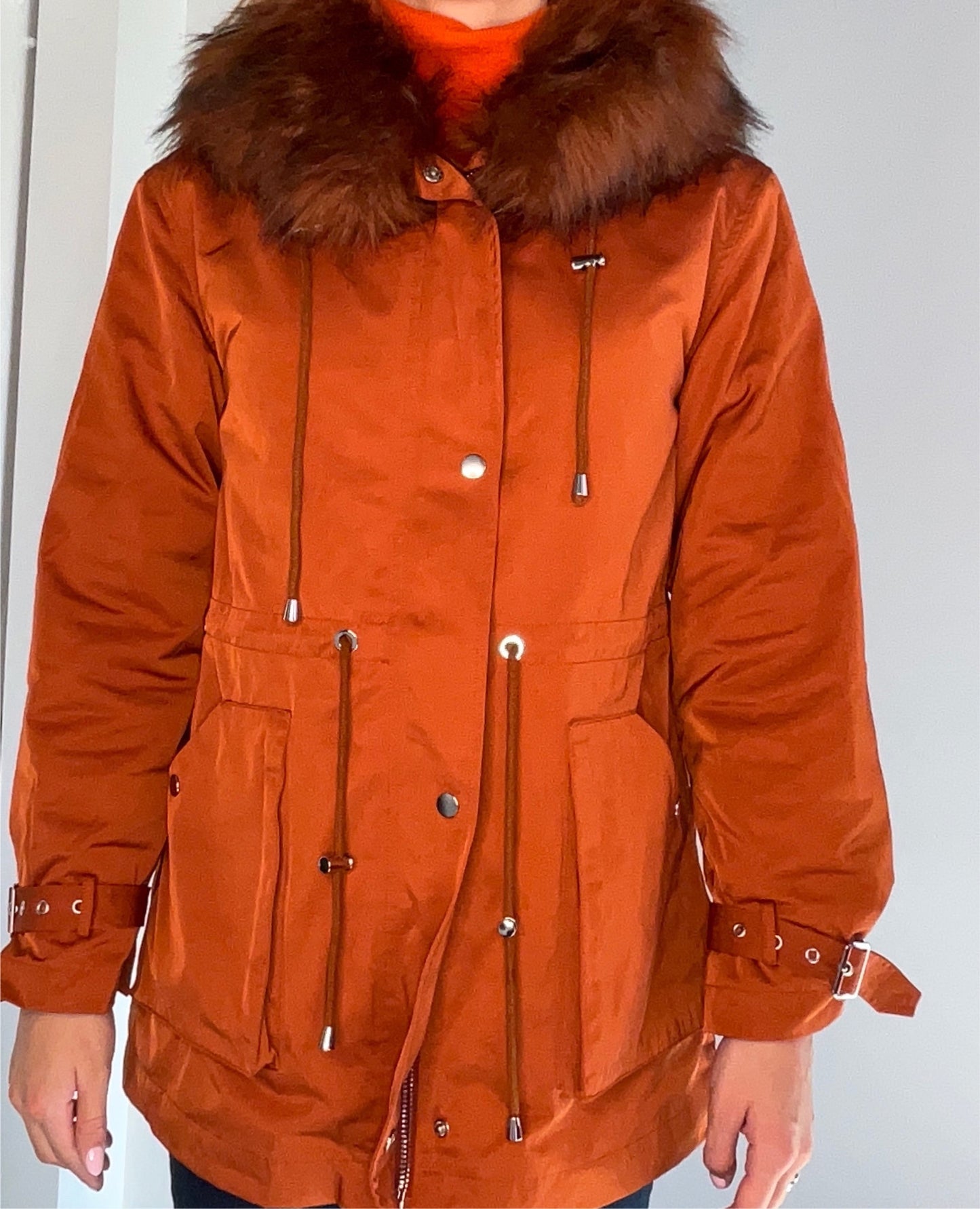 RUST HOODED FAUX FUR LINED COAT