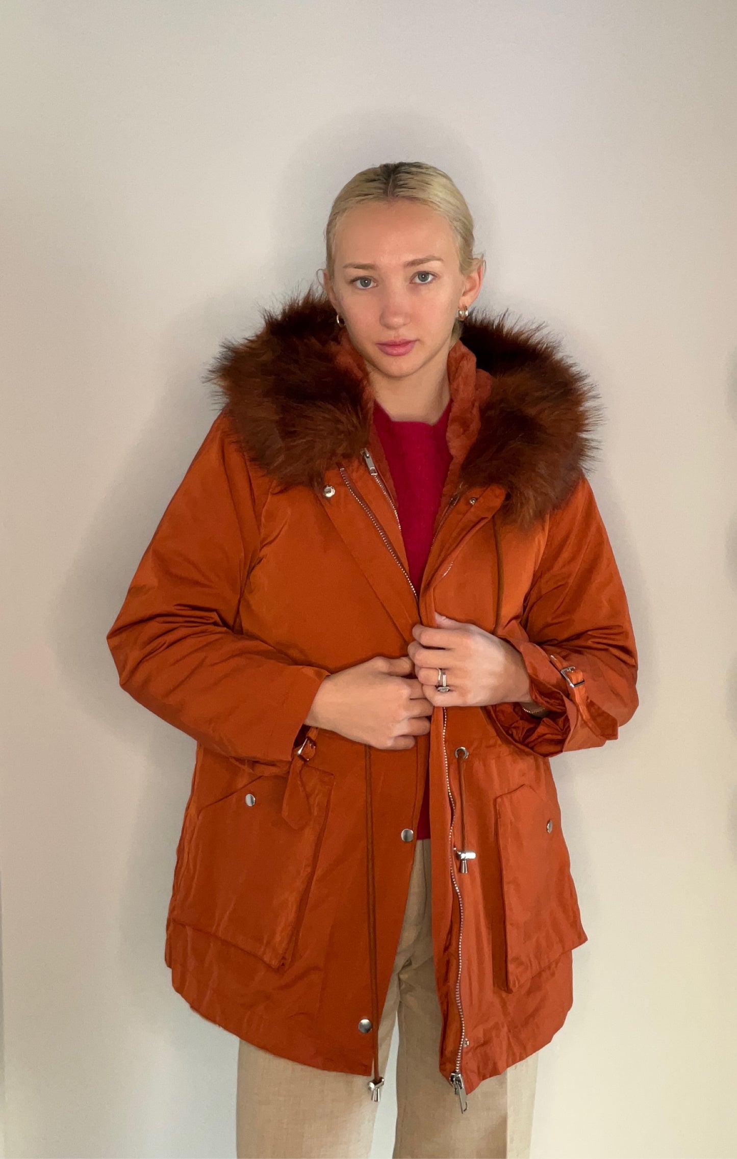 RUST HOODED FAUX FUR LINED COAT