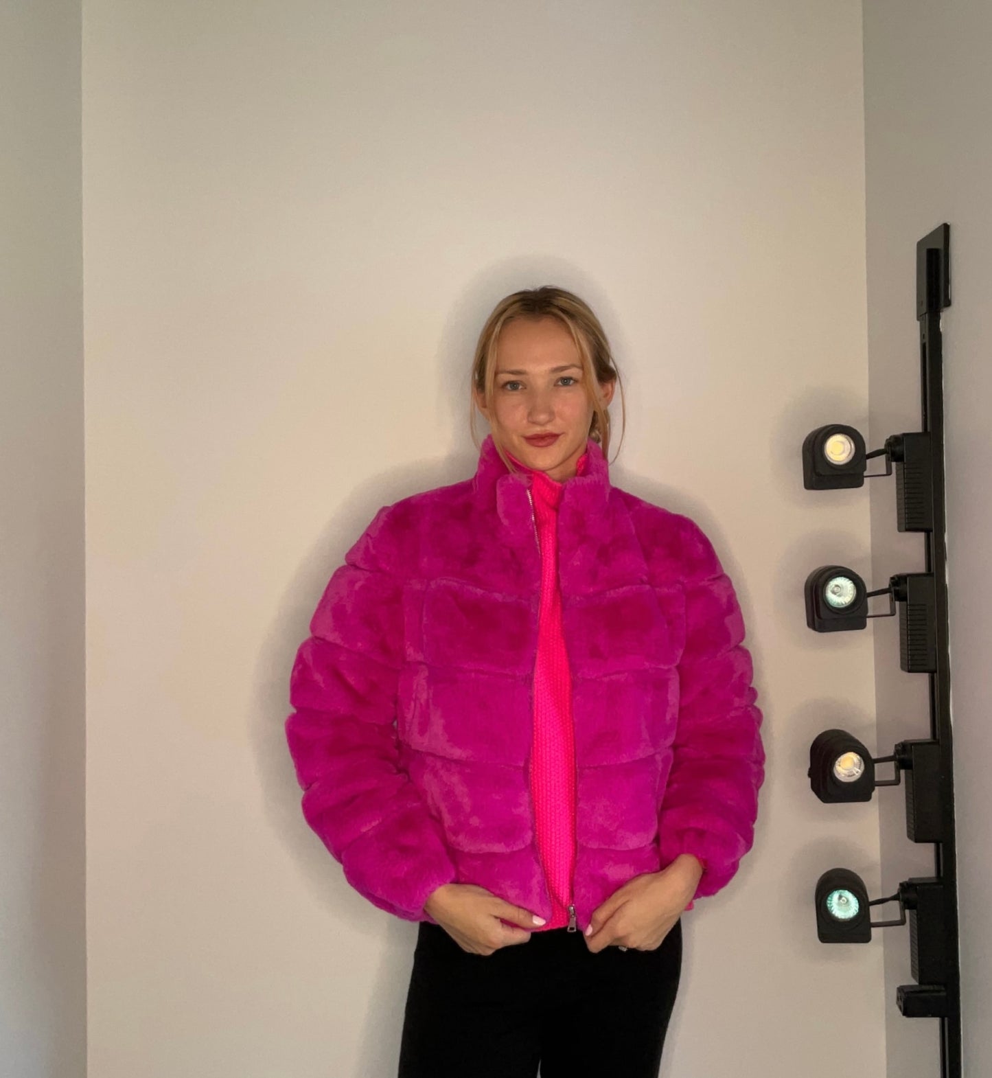 HOT PINK PLUSH FAUX FUR COAT