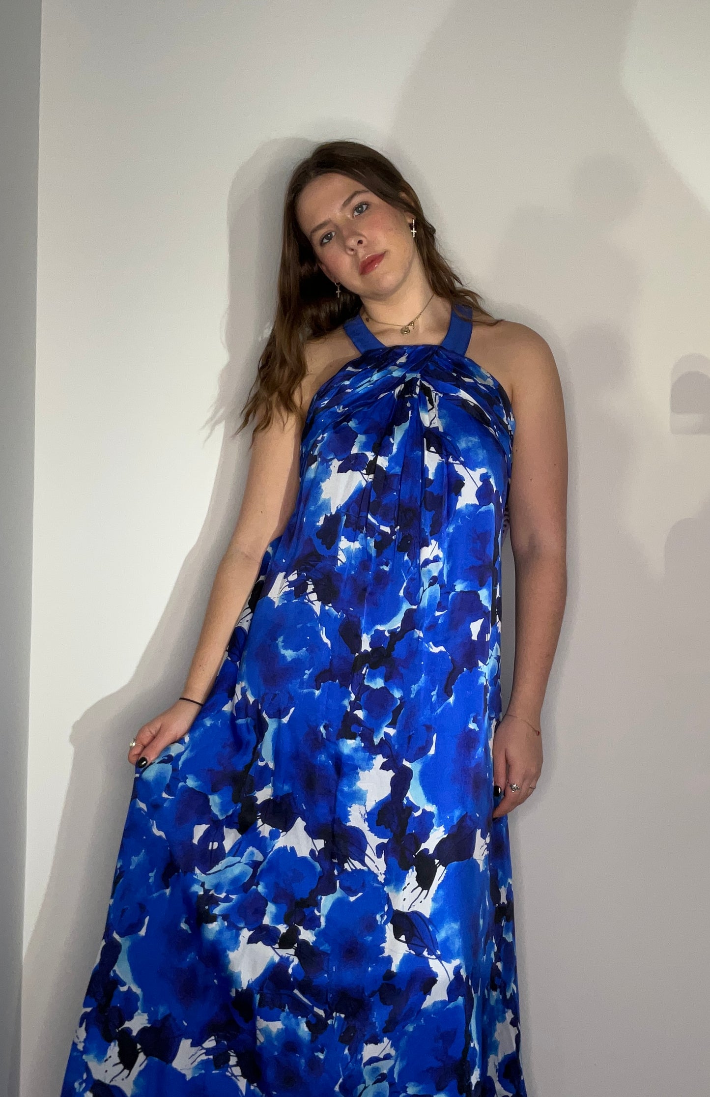 WATERCOLOR SILK LONG HALTER DRESS