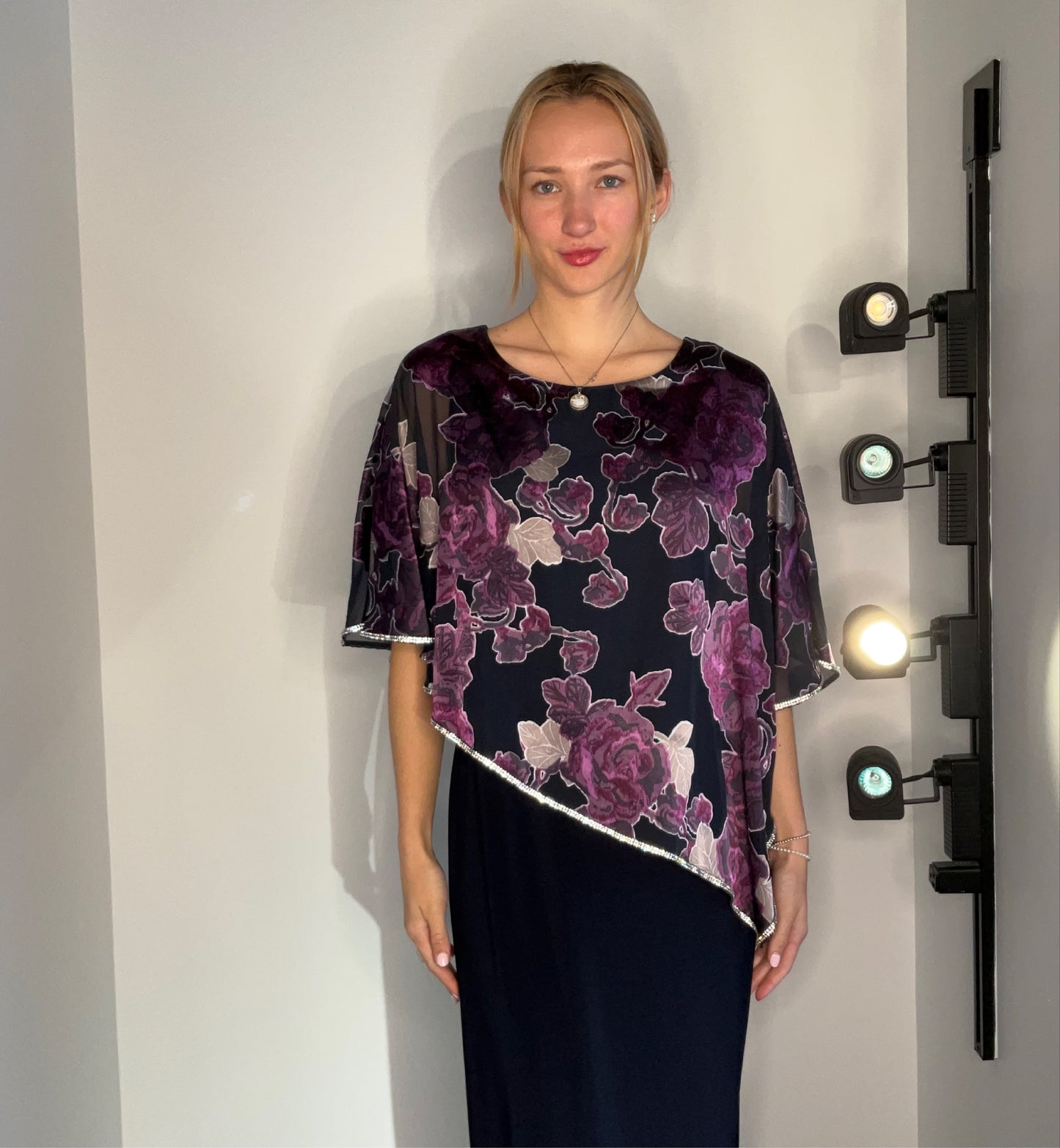 NAVY AND PURPLE FLORAL OVERLAY DRESS
