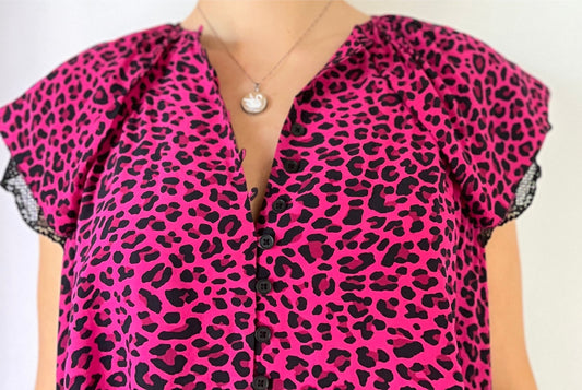 LEOPARD BLOUSE WITH LACE TRIM