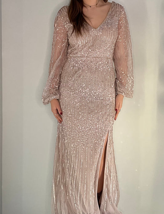 SEQUIN AND CRYSTAL LONG SLEEVE DRESS