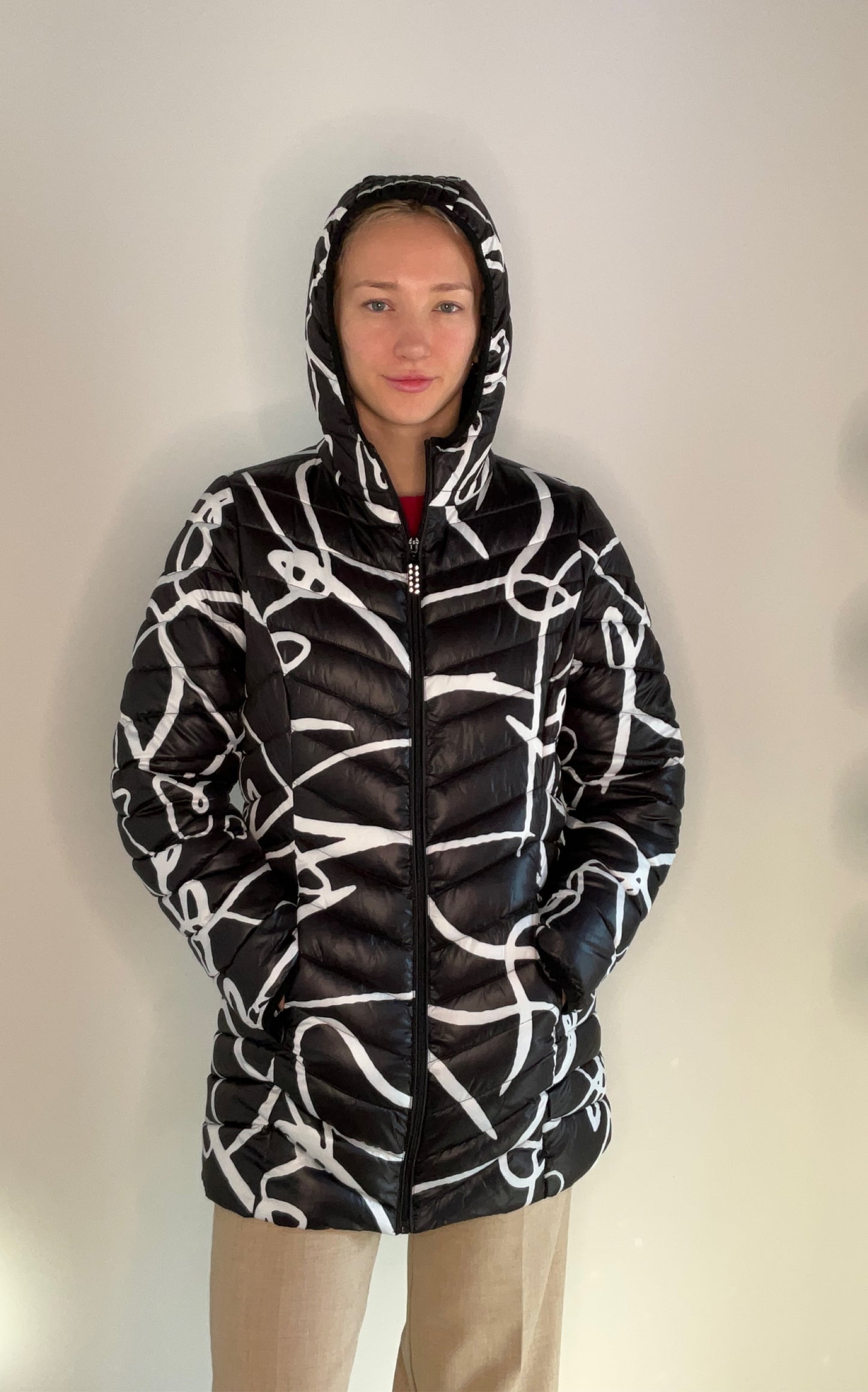SCRIBBLE PUFFER COAT WITH CRYSTAL ZIPPER