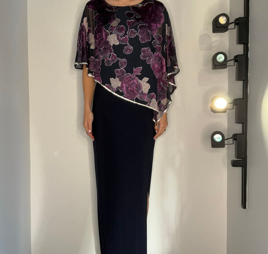 NAVY AND PURPLE FLORAL OVERLAY DRESS