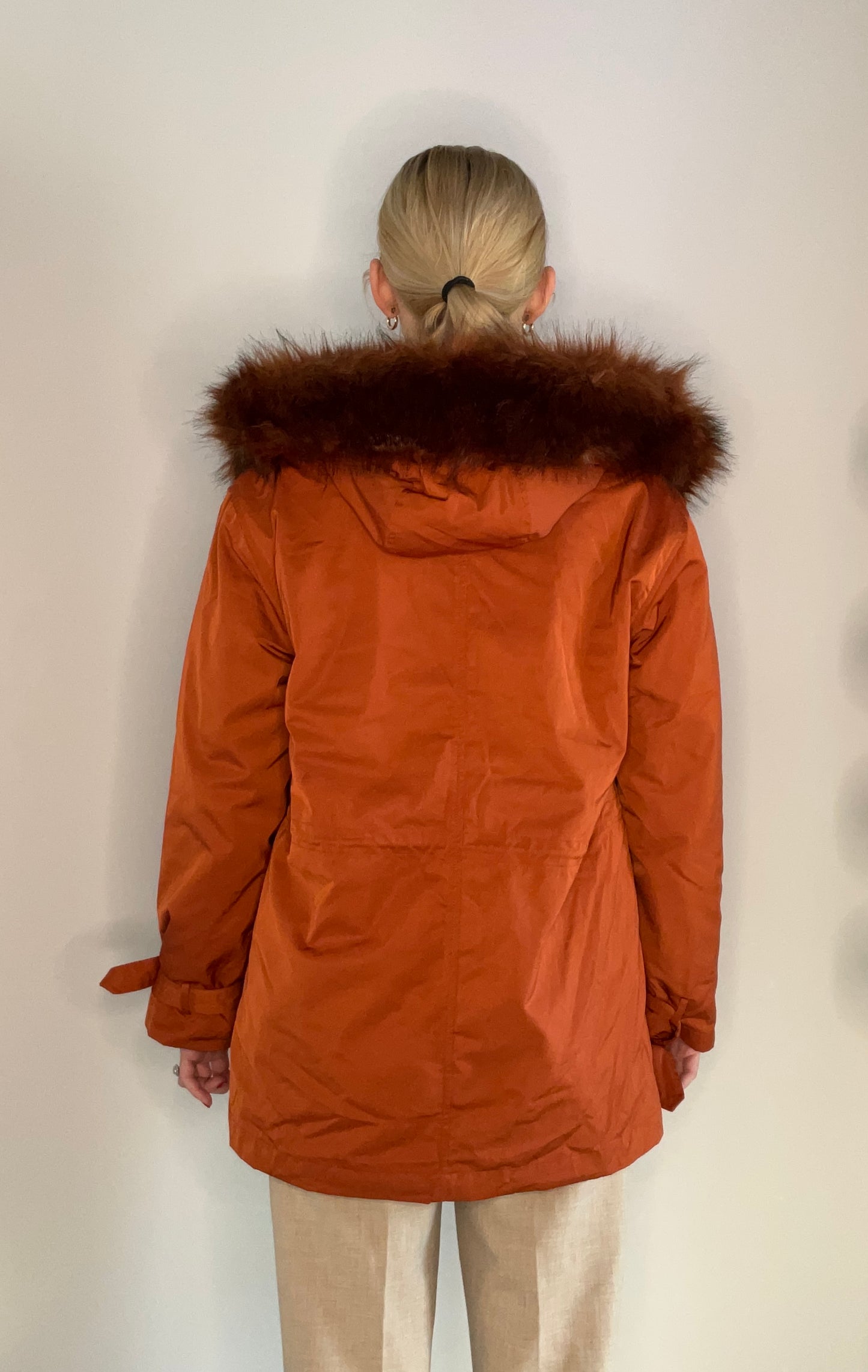 RUST HOODED FAUX FUR LINED COAT