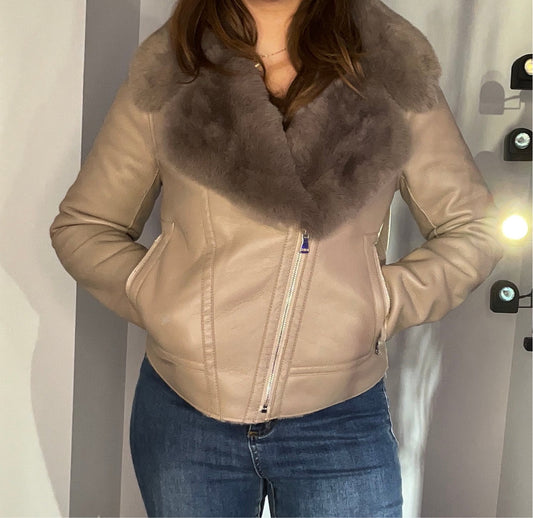 TAUPE VEGAN LEATHER MOTO COAT