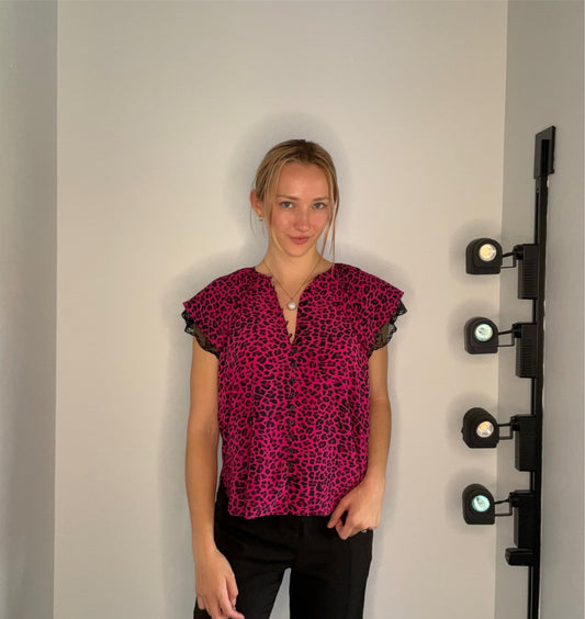 LEOPARD BLOUSE WITH LACE TRIM