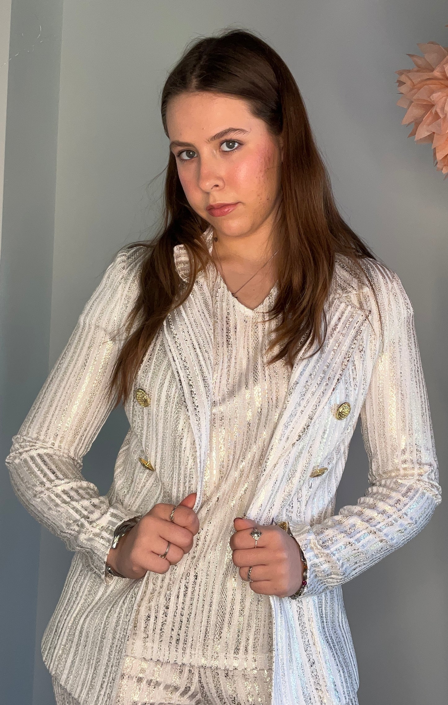 WHITE AND GOLD METALLIC KNIT JACKET