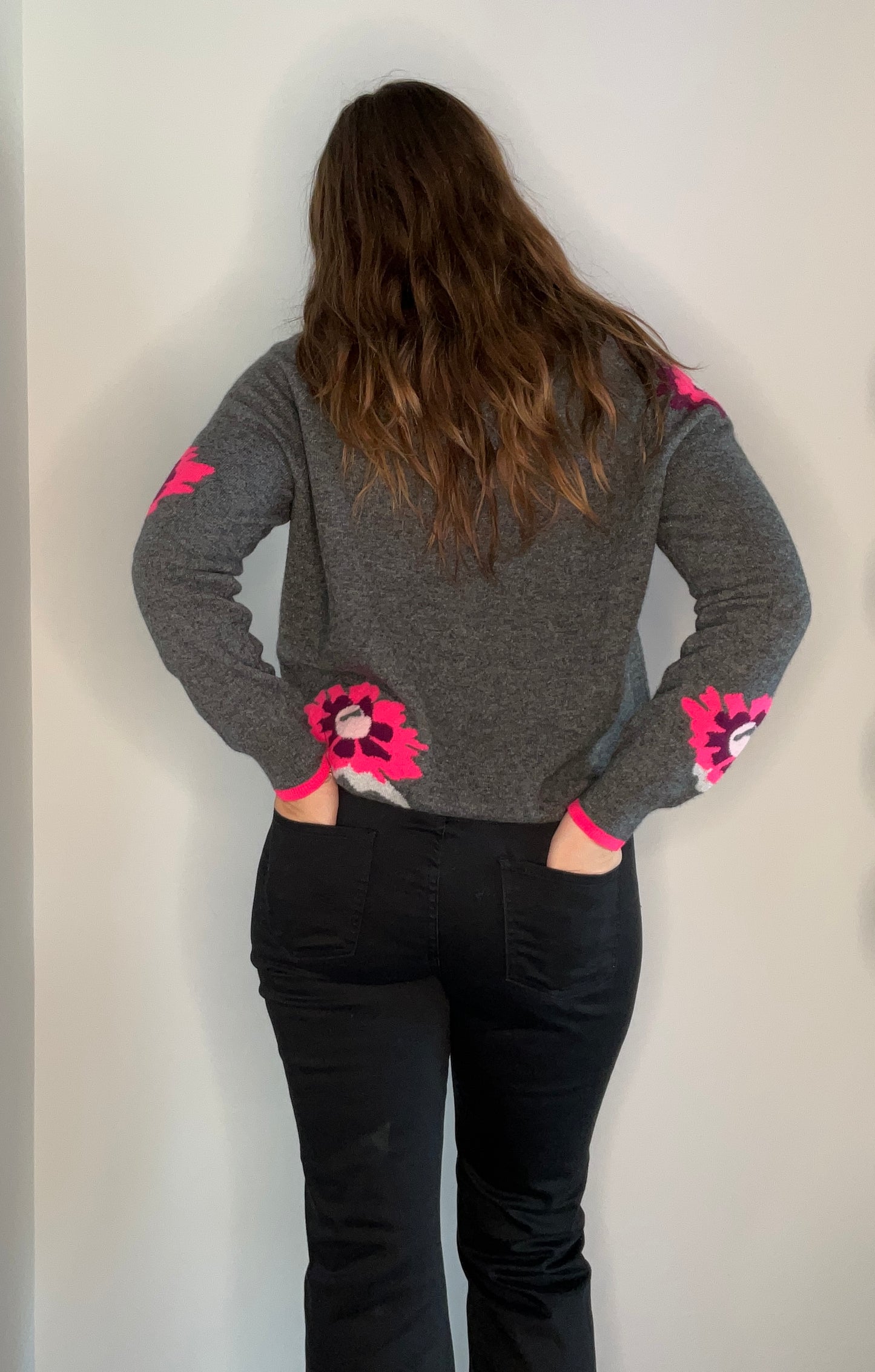 NEON PINK FLORAL CASHMERE SWEATER