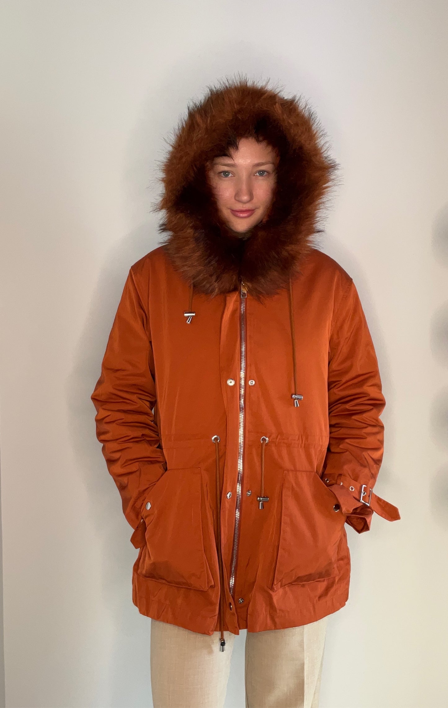 RUST HOODED FAUX FUR LINED COAT
