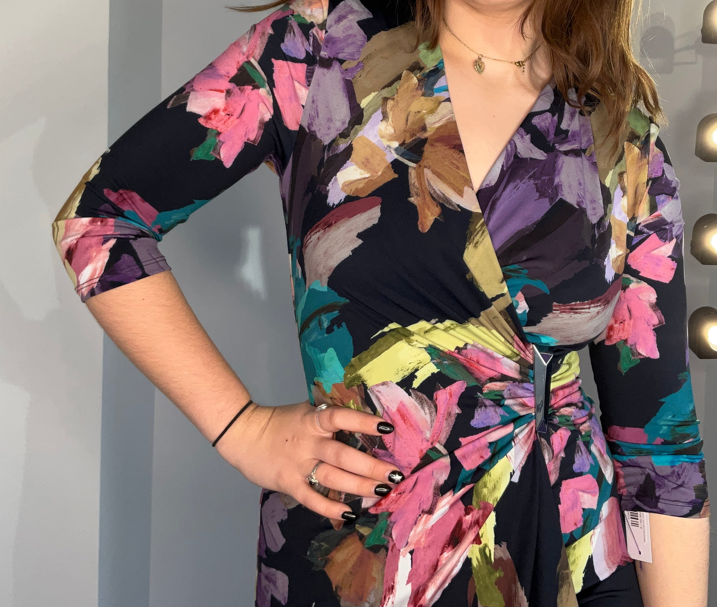 BRIGHT FLORAL DRESS WITH SILVER HARDWARE