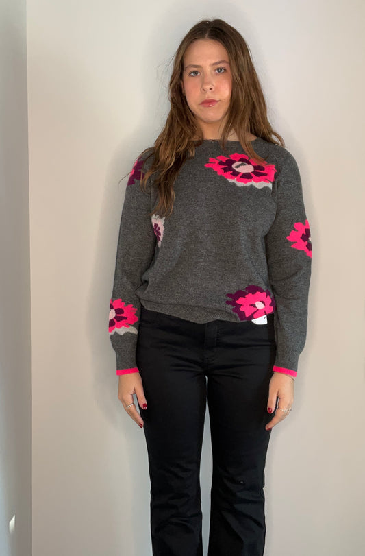 NEON PINK FLORAL CASHMERE SWEATER