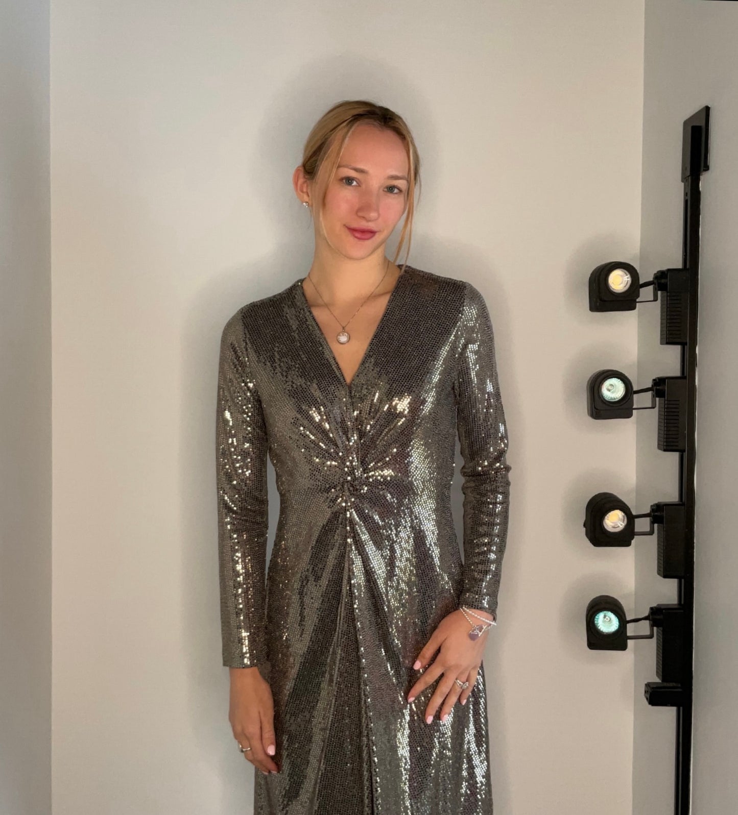 COPPER SEQUIN TWIST FRONT DRESS