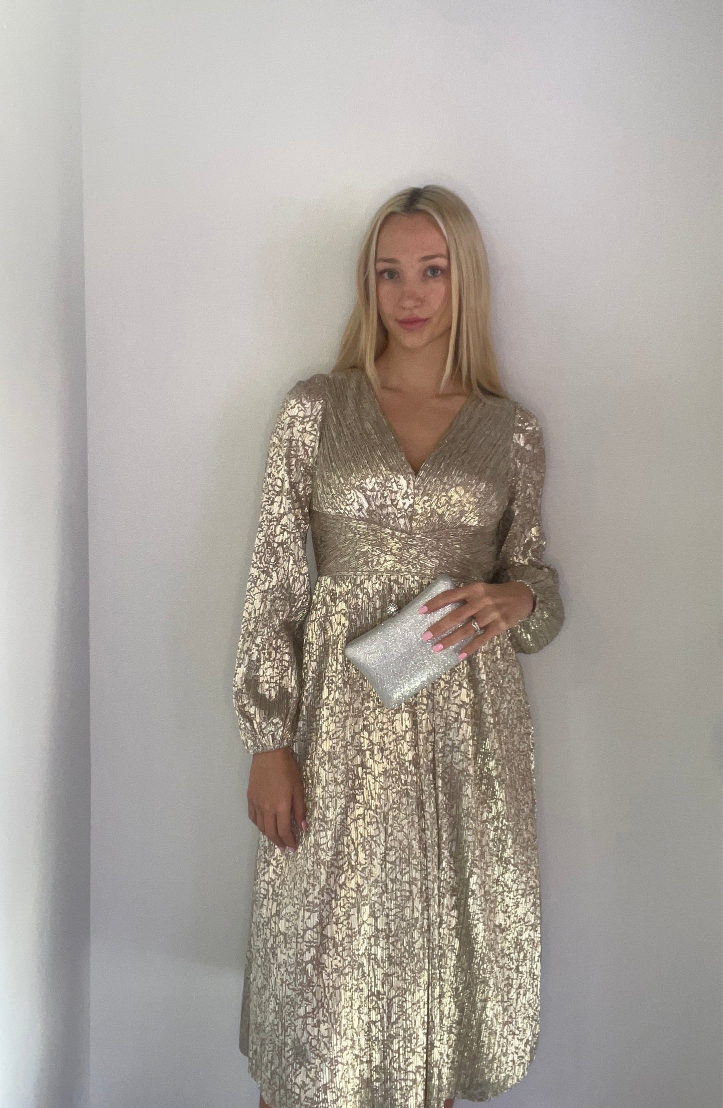 VNECK GOLD FOIL TEA LENGTH DRESS