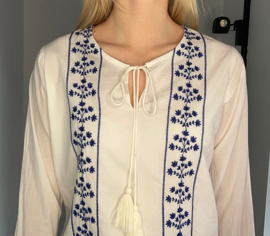 EMBROIDERED TIE NECK BLOUSE