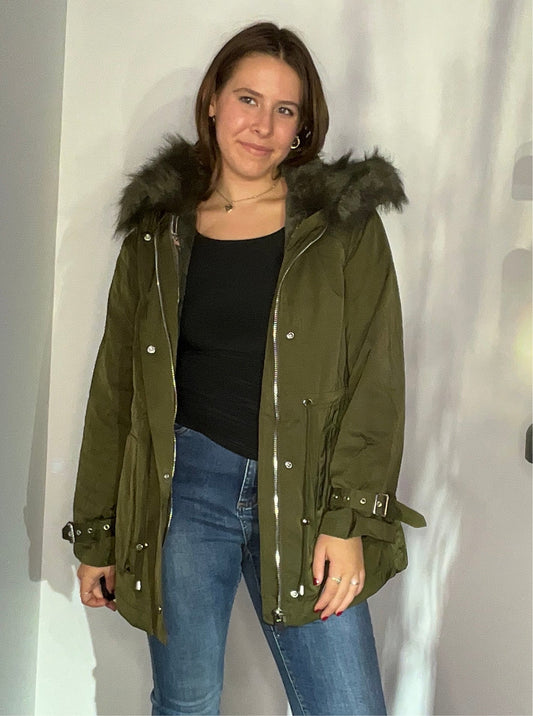 OLIVE GREEN FAUX FUR LINED COAT