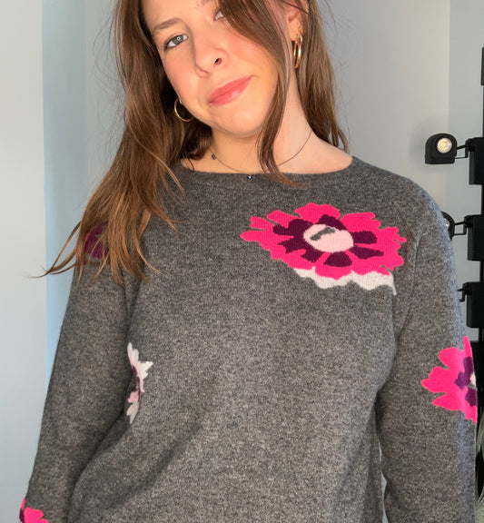 NEON PINK FLORAL CASHMERE SWEATER