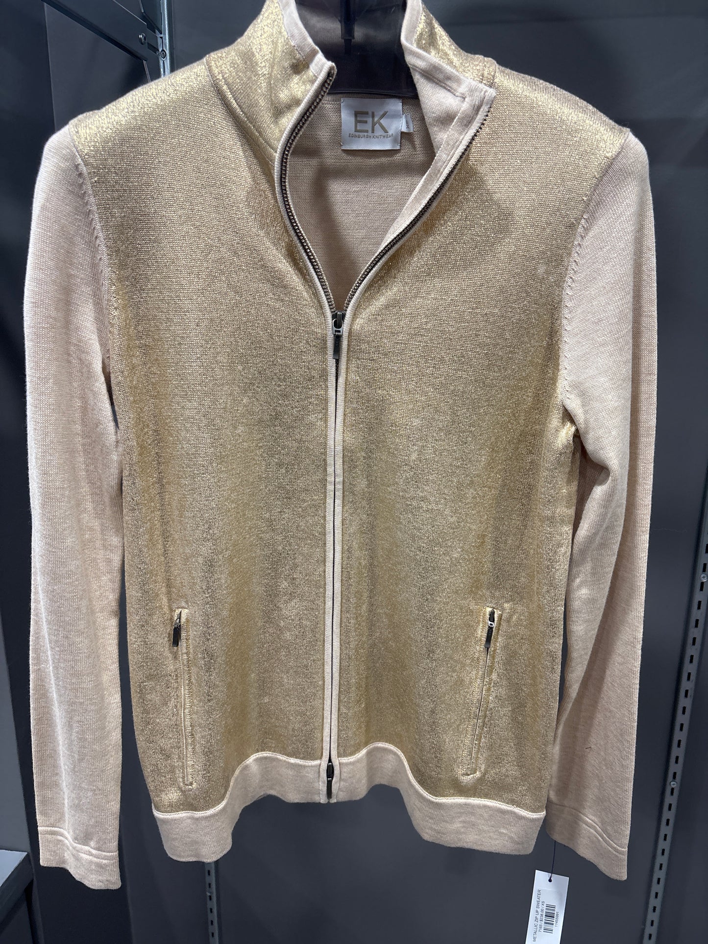 METALLIC ZIP UP SWEATER