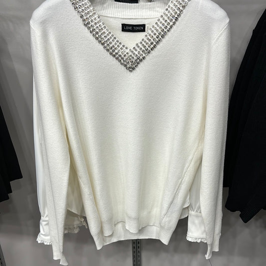 VNECK COTTON BEADED SWEATER