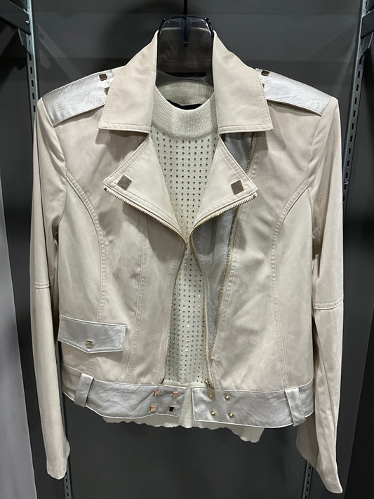 BEIGE AND METALLIC MOTO JACKET
