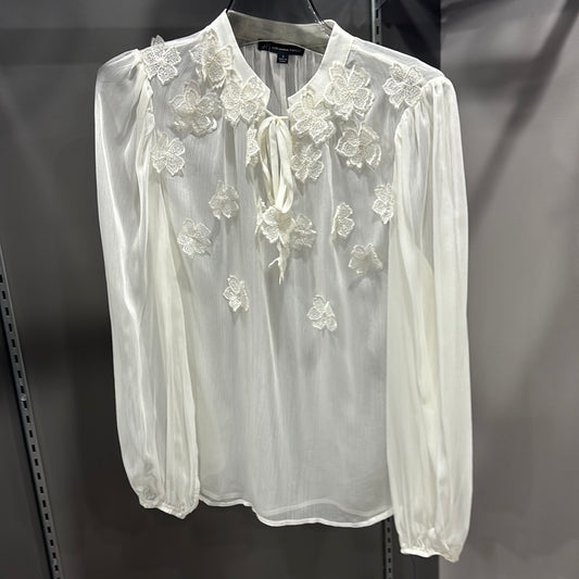 SHEER FLORAL APPLIQUE BLOUSE