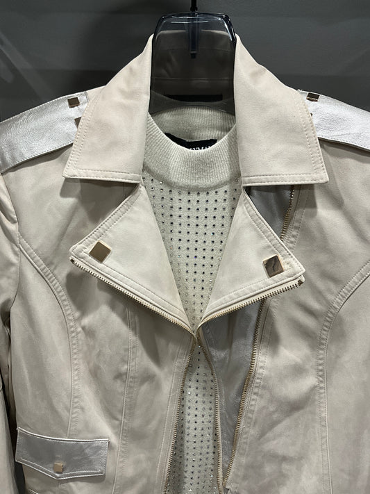 BEIGE AND METALLIC MOTO JACKET