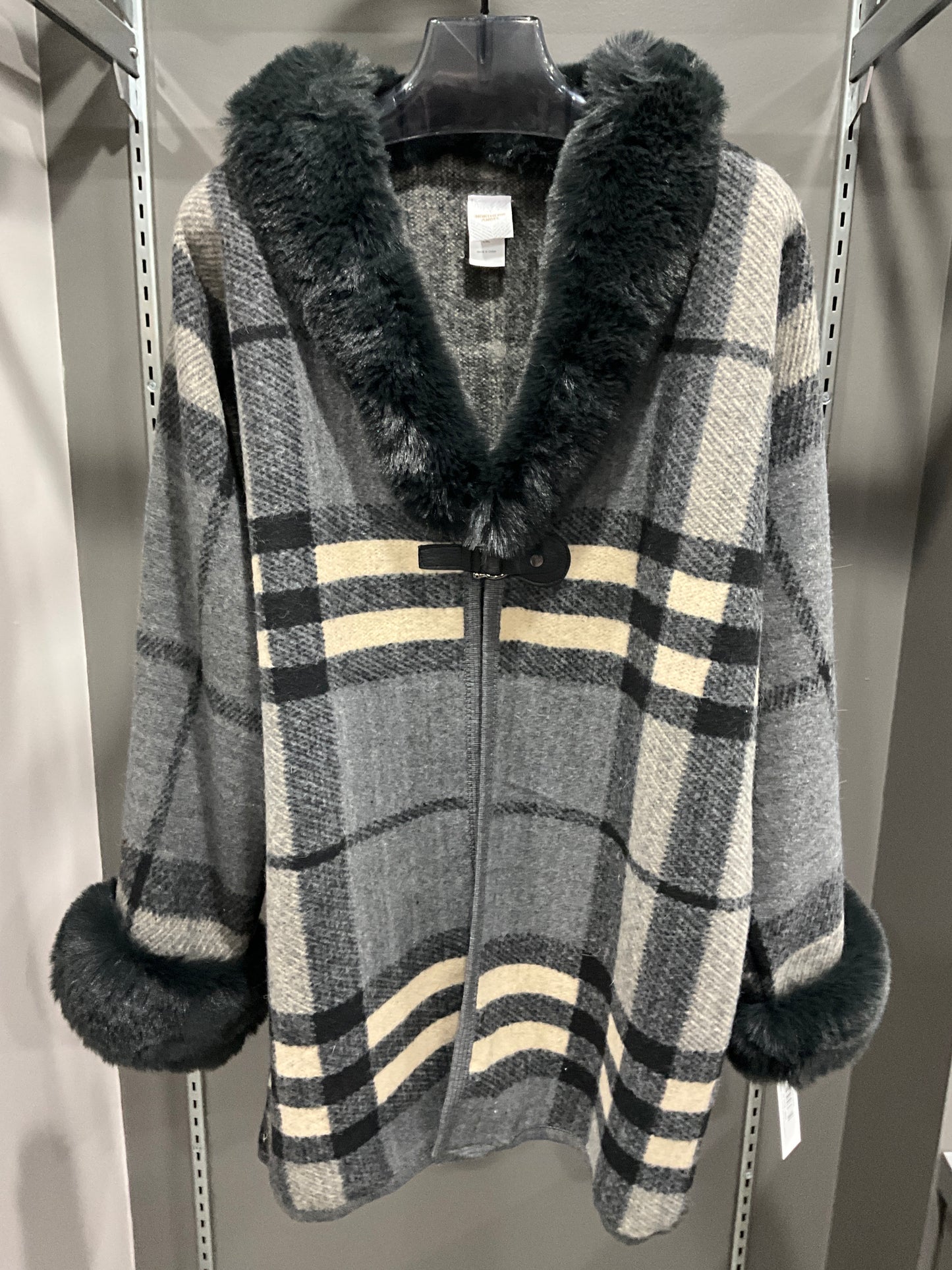 CHARCOAL PLAID FAUX FUR JACKET