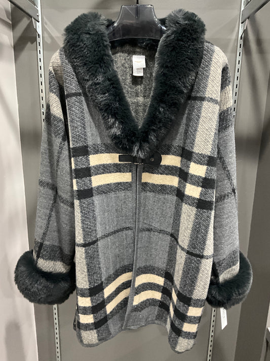 CHARCOAL PLAID FAUX FUR JACKET