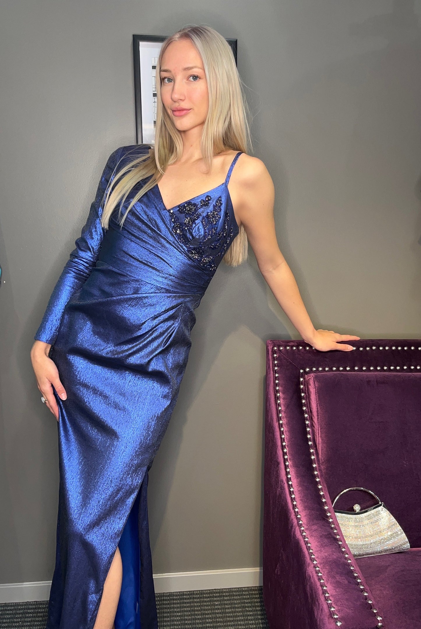 BLUE METALLIC BEADED GOWN