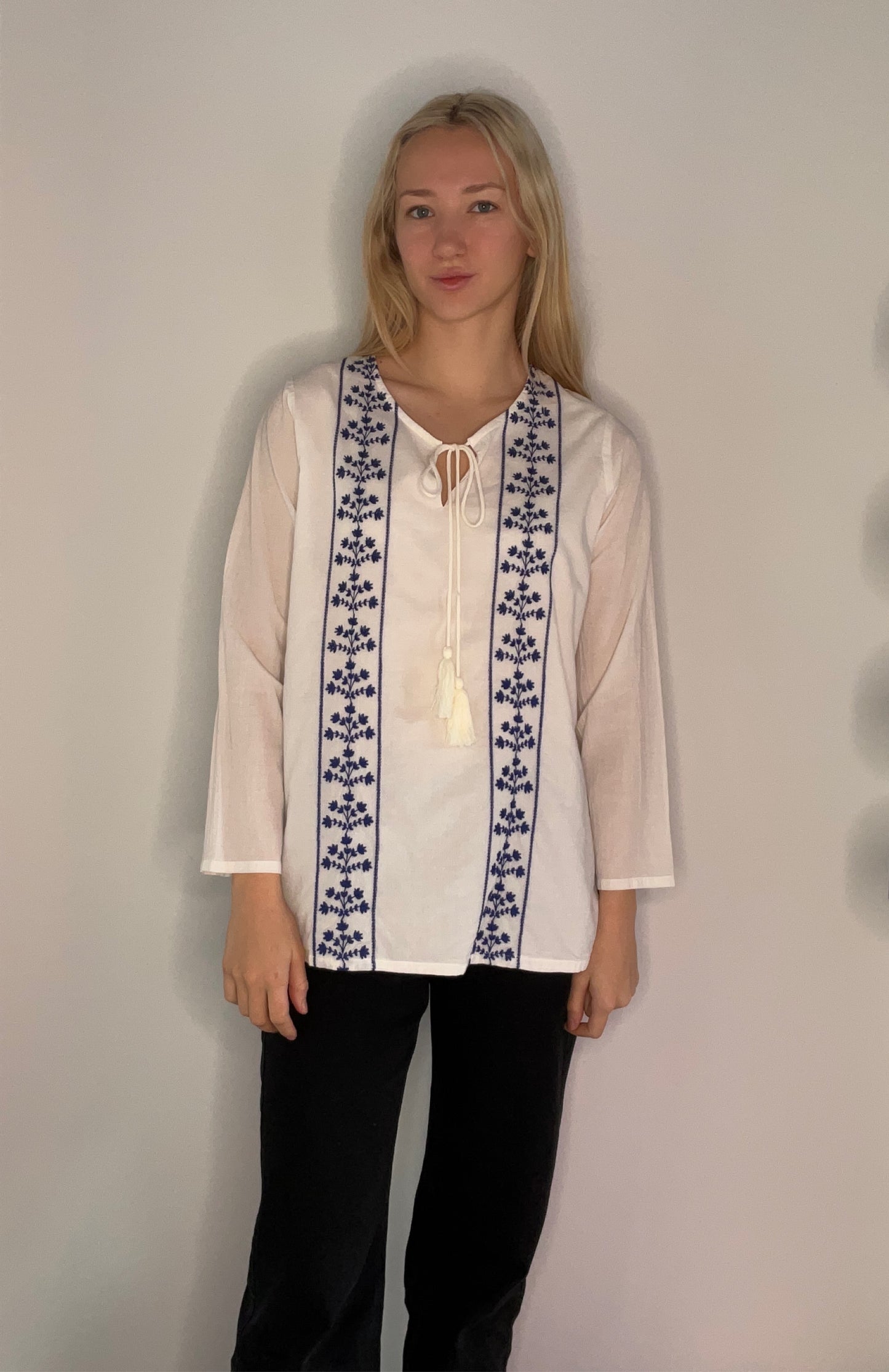 EMBROIDERED TIE NECK BLOUSE