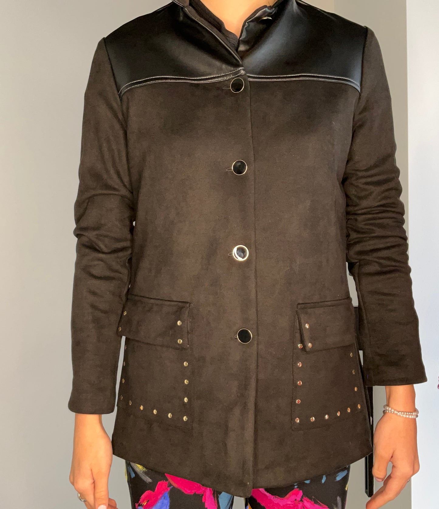 MICROSUEDE AND FAUX LEATHER JACKET