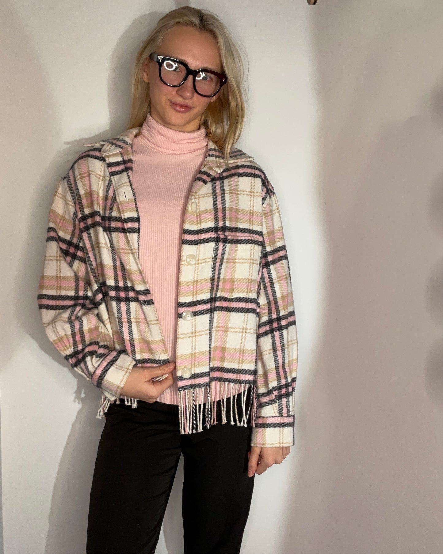 PLAID FRINGE COZY JACKET