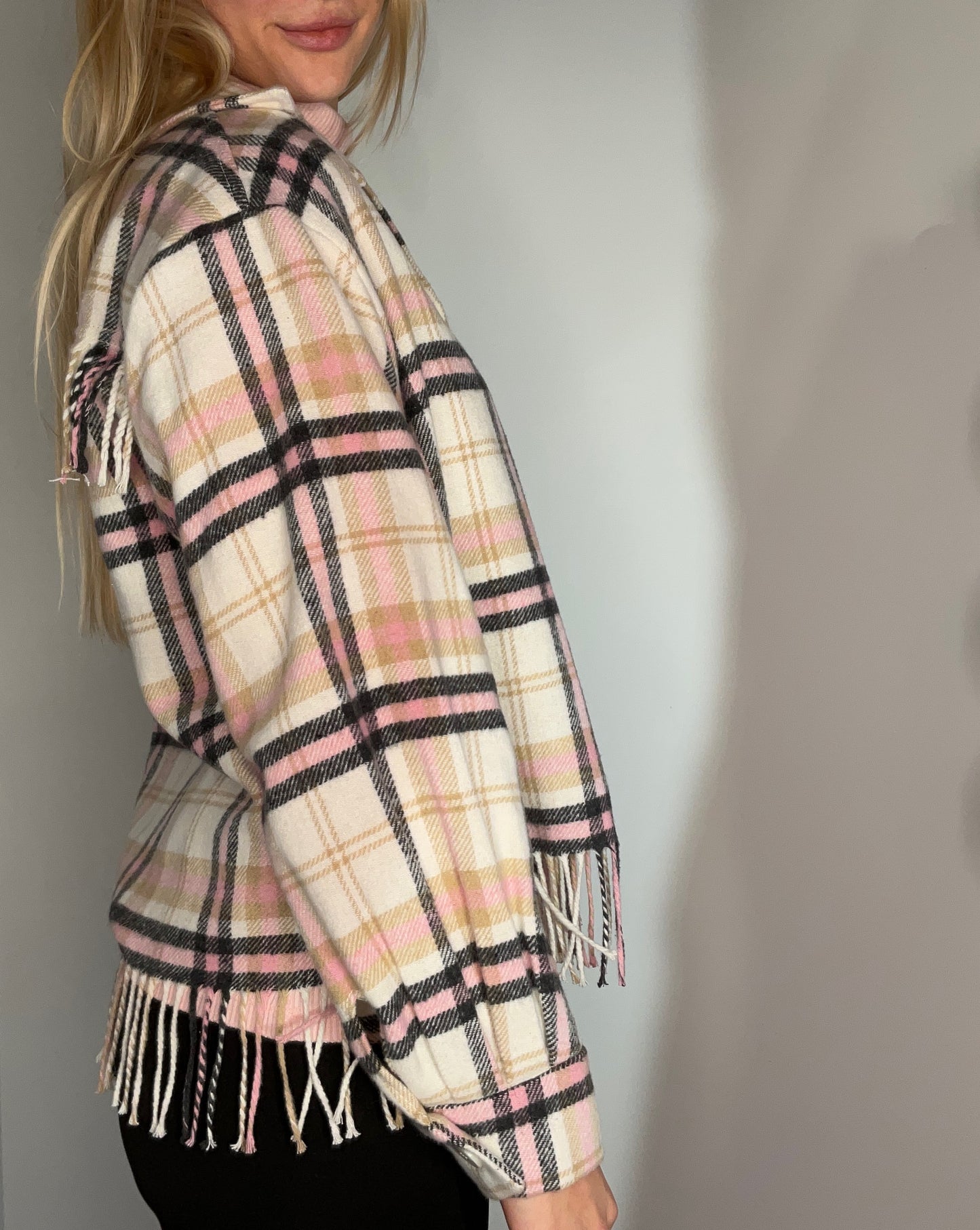 PLAID FRINGE COZY JACKET