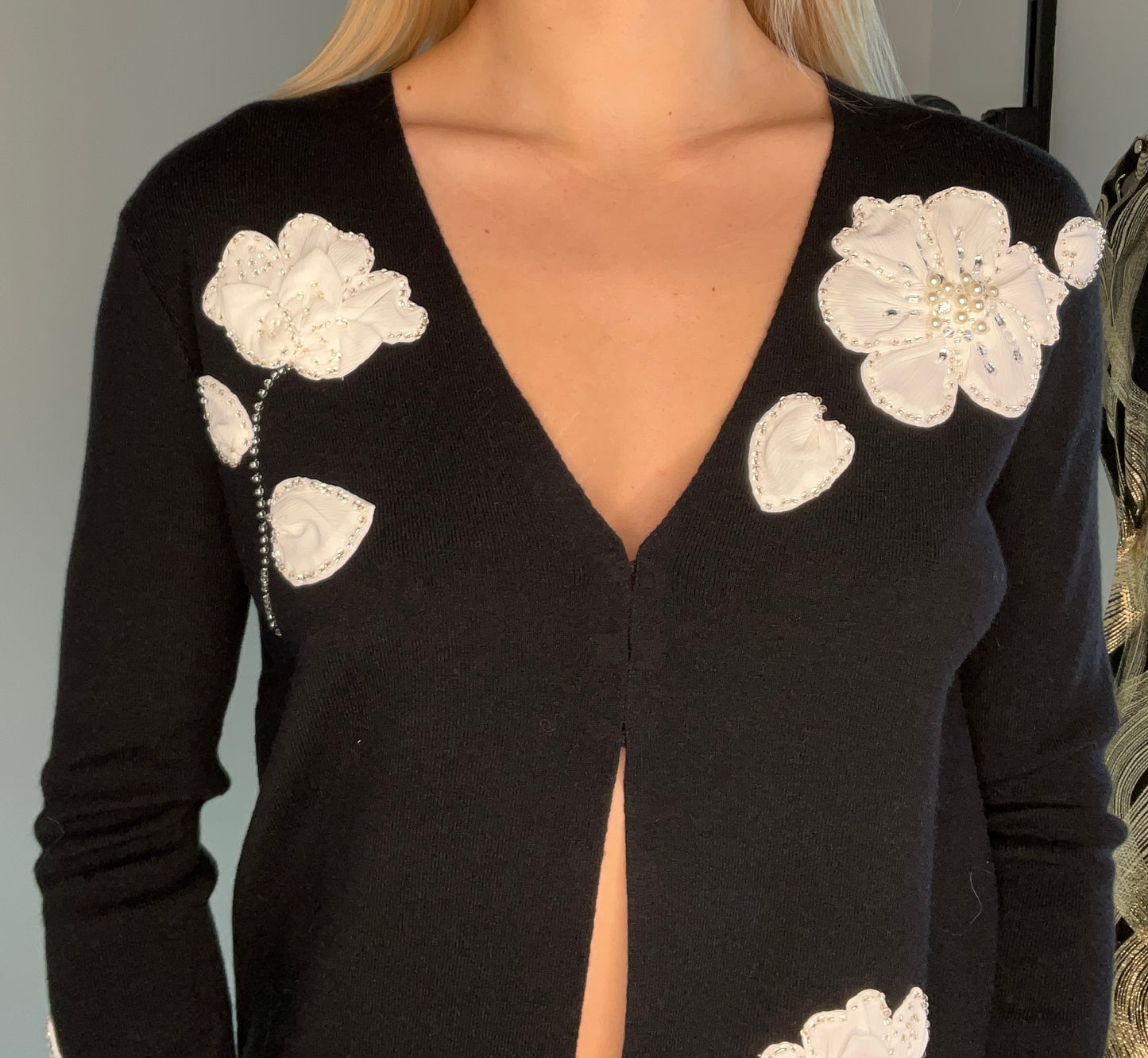 FLORAL AND CRYSTAL APPLIQUE CARDIGAN