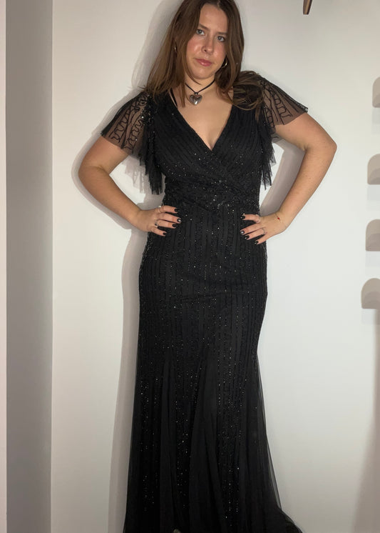 BLACK BEADED VNECK GOWN