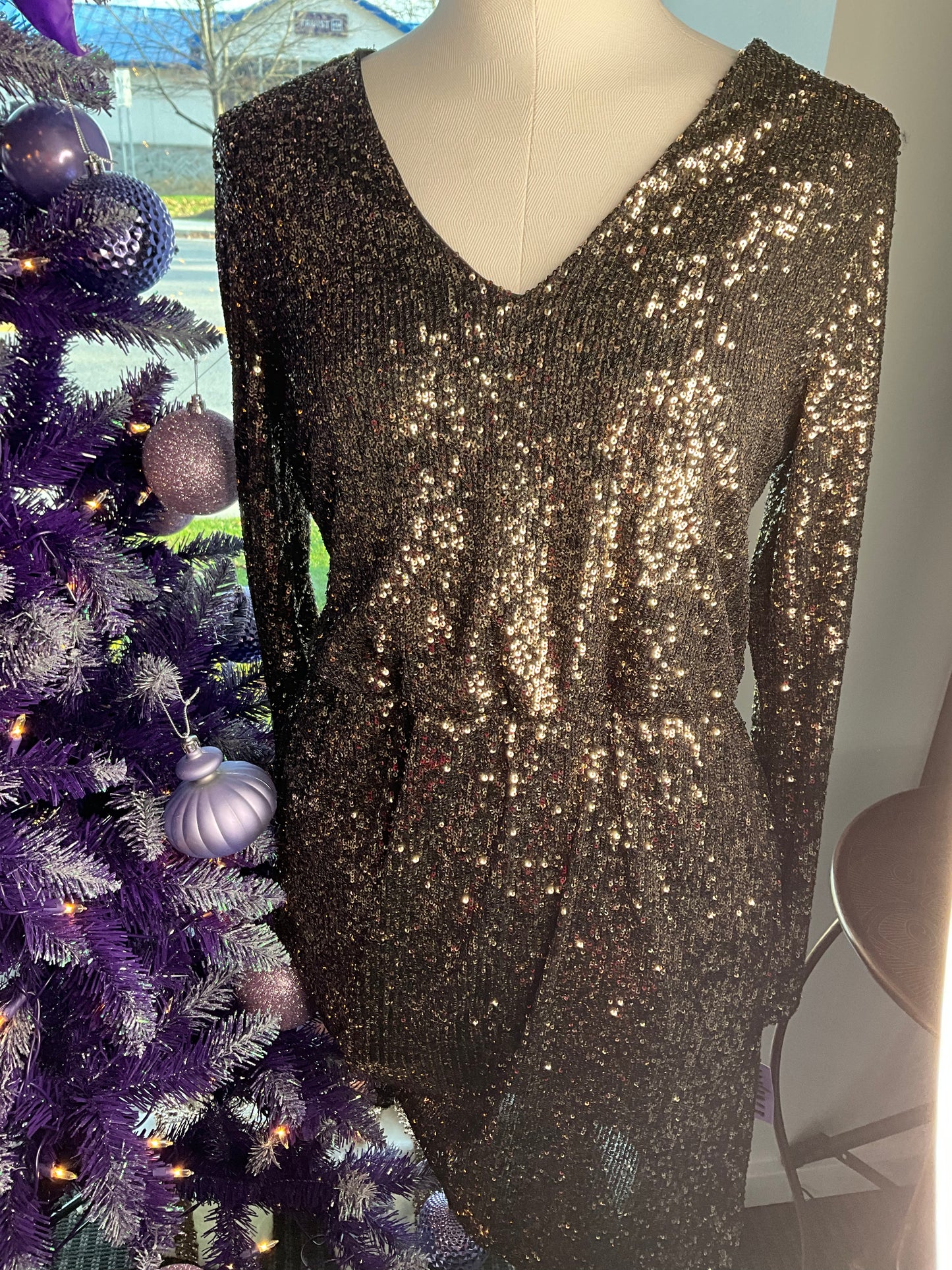 V NECK ALL SEQUIN DRESS