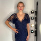 BEADED AND APPLIQUE NAVY DRESS