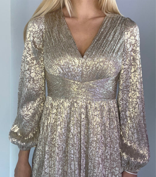 VNECK GOLD FOIL TEA LENGTH DRESS
