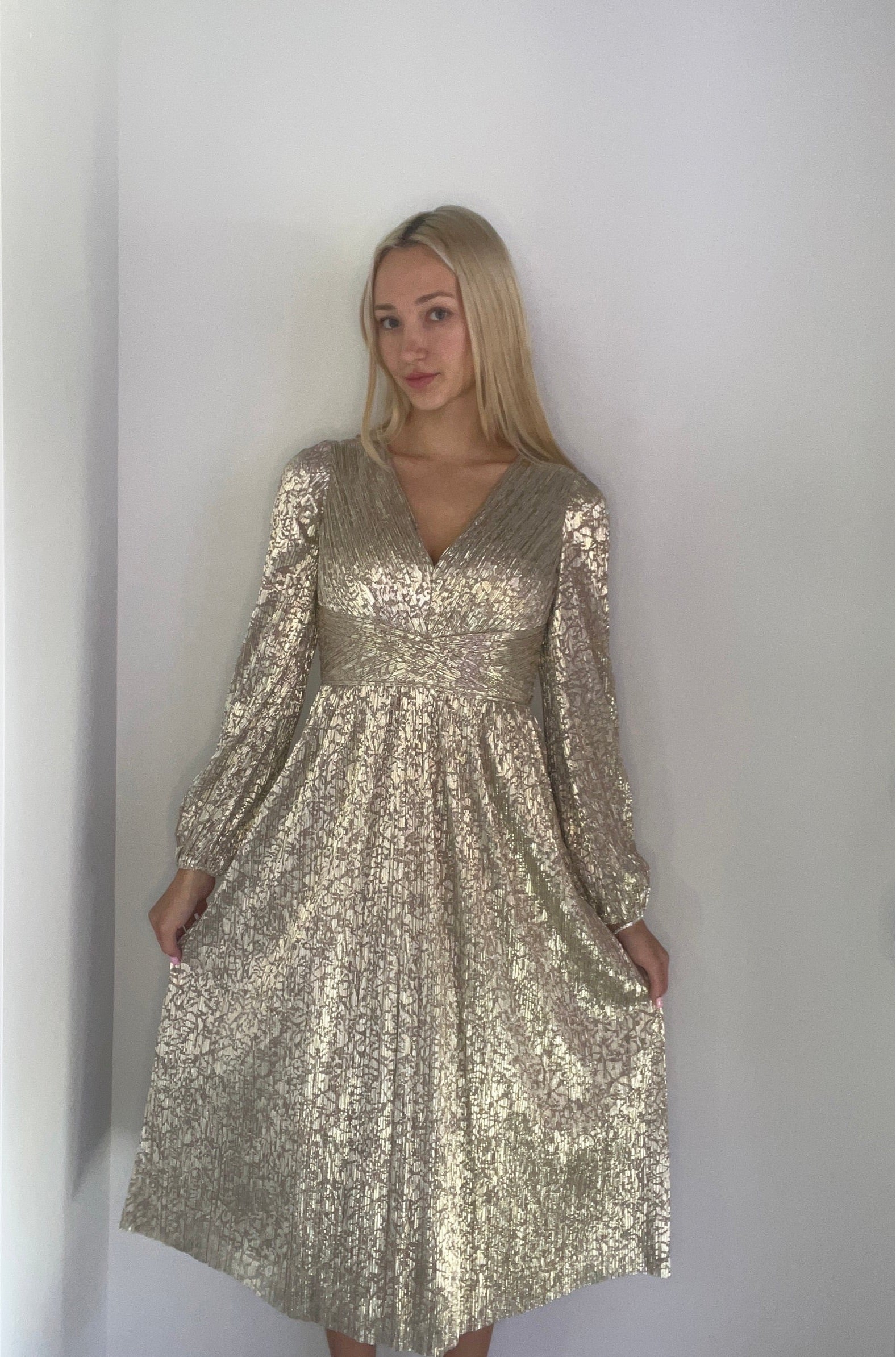 VNECK GOLD FOIL TEA LENGTH DRESS Presence Boutique VNECK GOLD FOIL TEA LENGTH DRESS Presence Boutique
